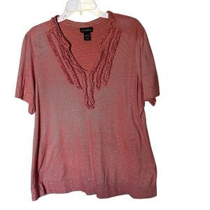 Lane Bryant Cotton Red/Tan Short Sleeve V Neck Shirt with Ruffles Size 18/20W